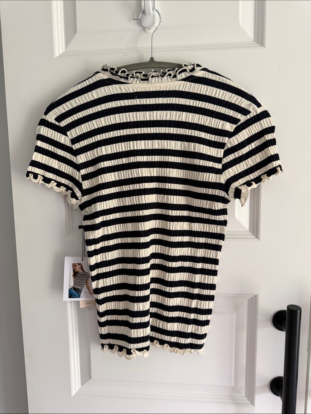 Anthro Nation Los Angeles navy & Cream Striped Ruffle-Trim Short Sleeve Tee - Picture 4 of 5